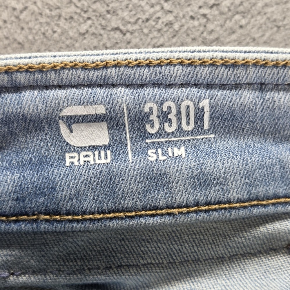 G-Star RAW Jeans Mens 31x32 Blue 3301 Slim Light Wash Button‎ Fly Denim - Picture 9 of 16